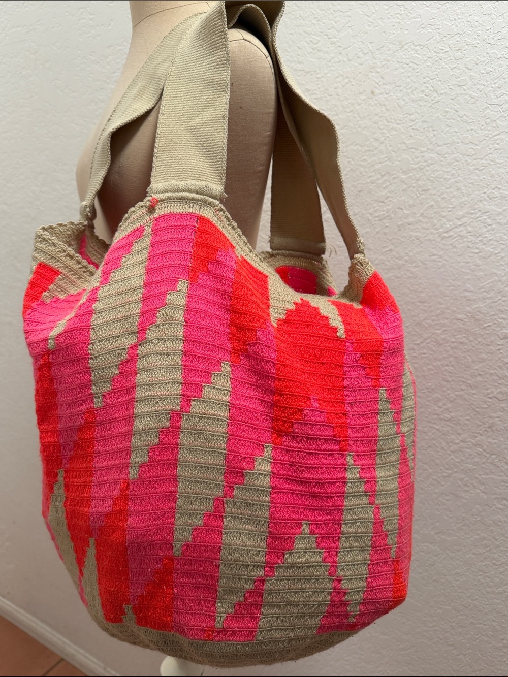 Handwoven Tote Bag in Hot Pink & Red with Cream Straps